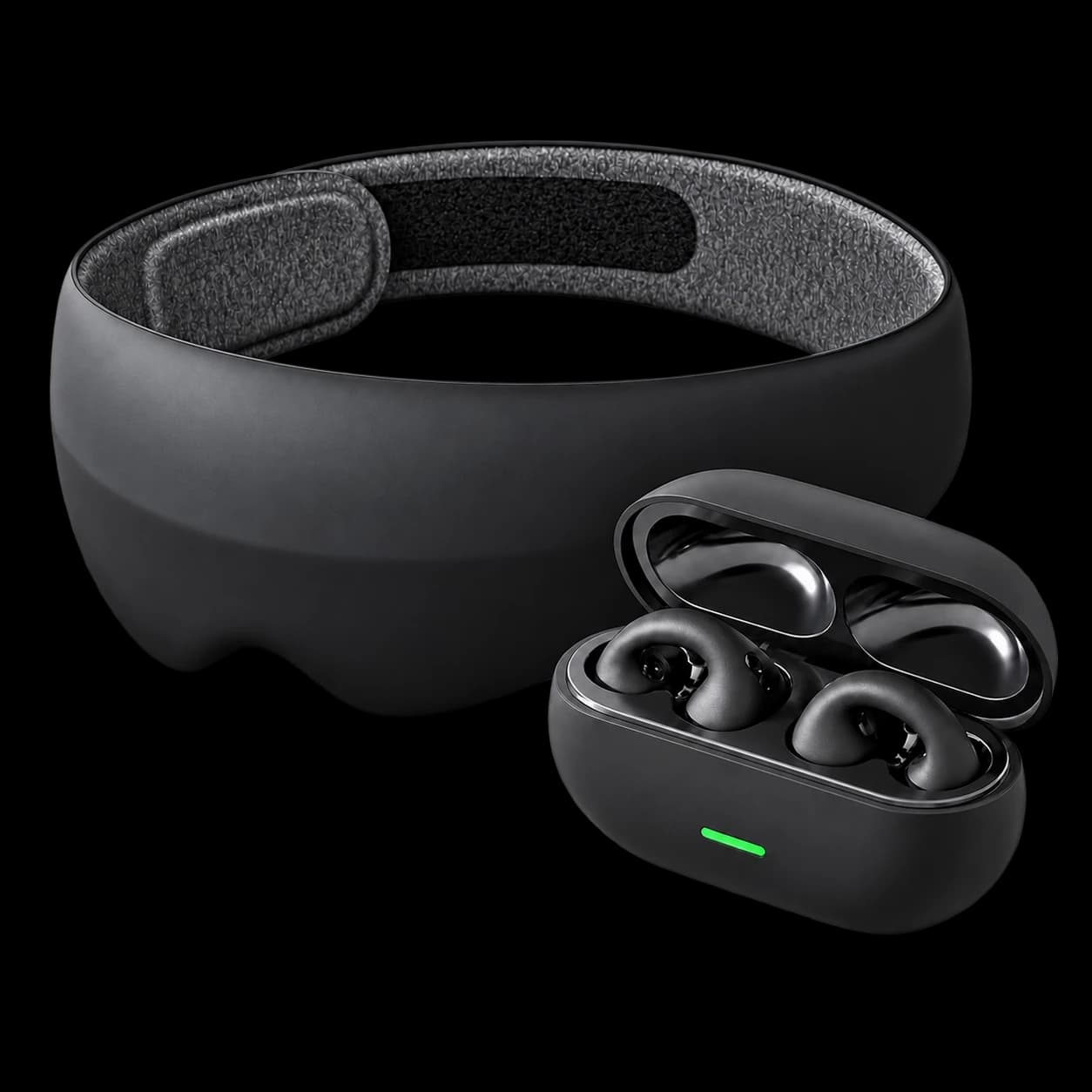 Black sleep mask and earbuds together