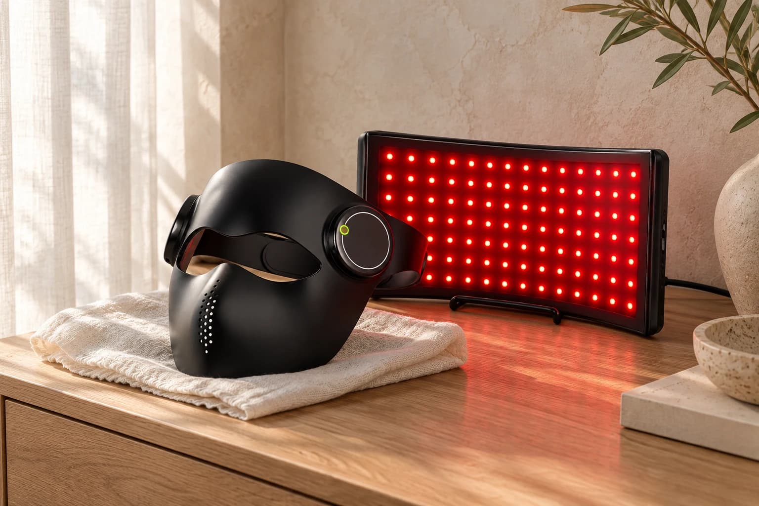 Black LED face mask and curved red-light panel together on an oak console in a calm home setting