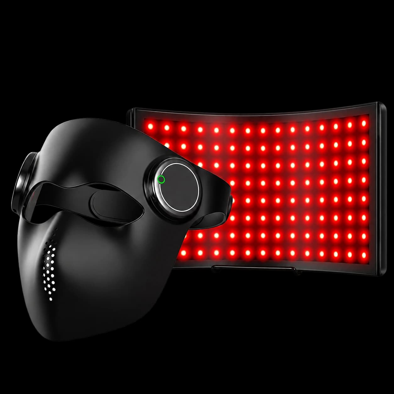 Glow Bundle preview showing the black LED face mask and curved desktop red-light panel together