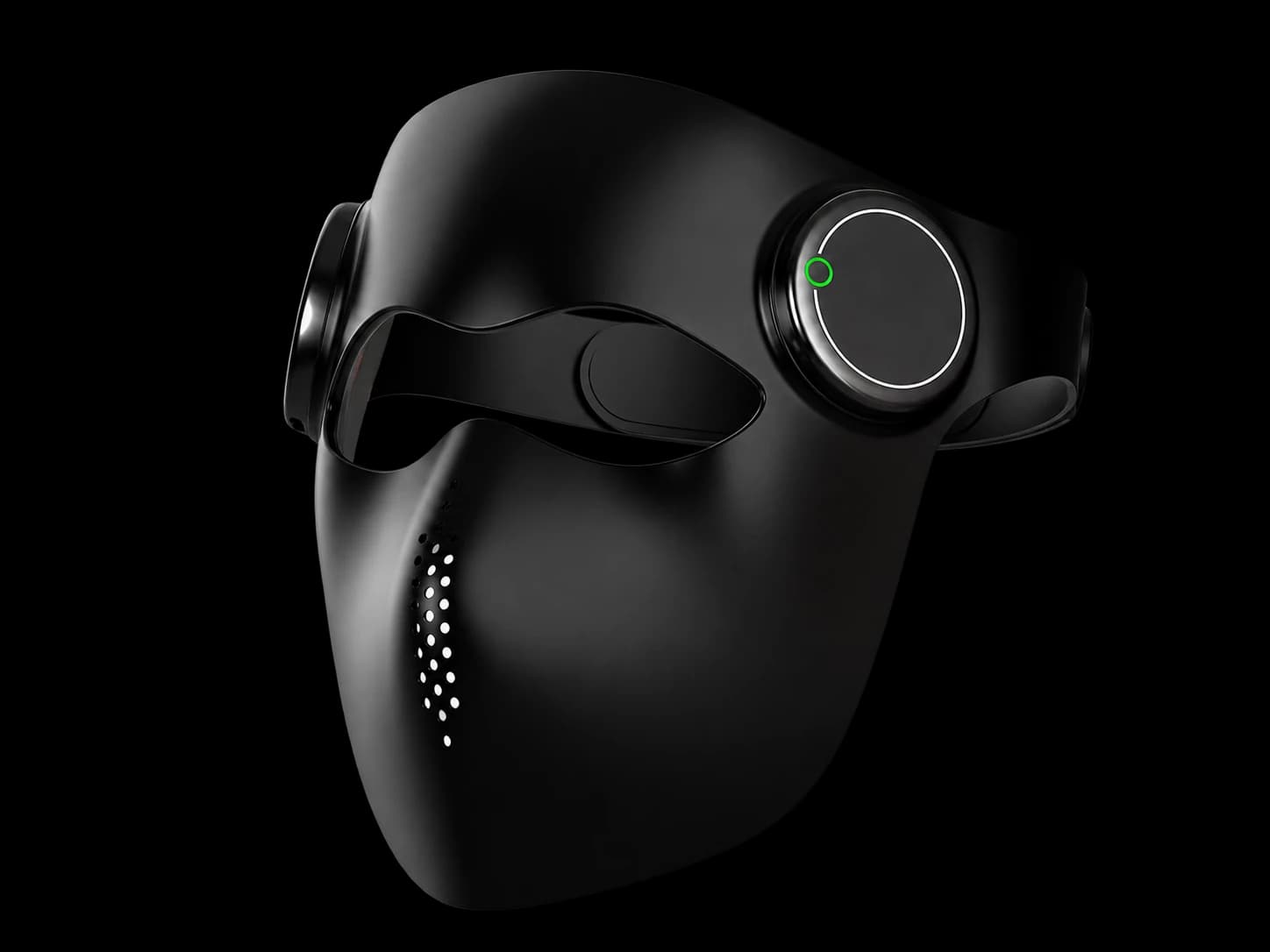 Black wearable LED face mask with an open eye area and circular side details
