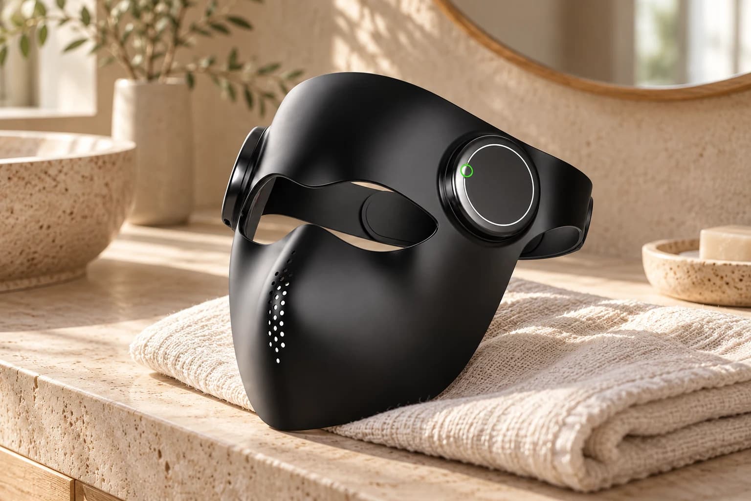 Black LED face mask resting on folded linen on a stone vanity in soft natural light