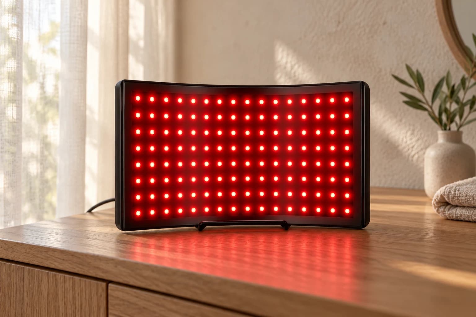 Curved desktop red-light panel on an oak console beside a softly lit curtain